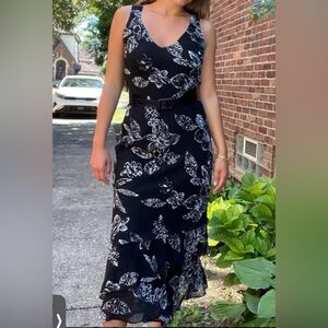 VTG Chico's Black and White 100% Silk Maxi Dress Sz 2